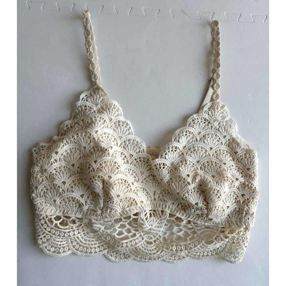 Lace Bralette Tank Top Crochet Smocked Back Scalloped Sunrise - Size S Cream